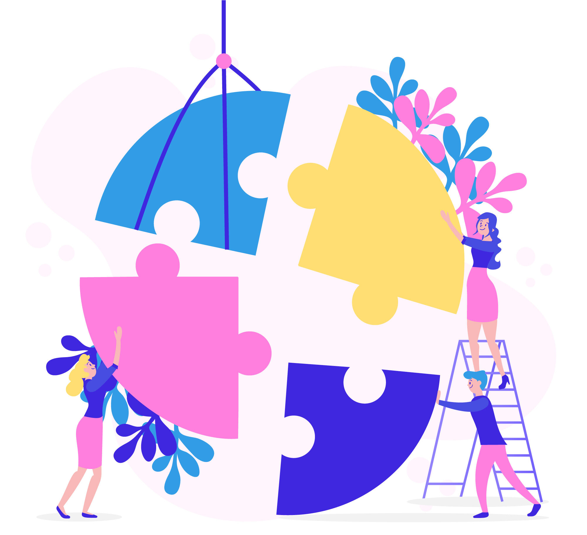 Terapia Online Ilustración sobre tres personas que unen las piezas de un puzzle como la psicóloga integradora une las distintas especialidades en su terapia online.